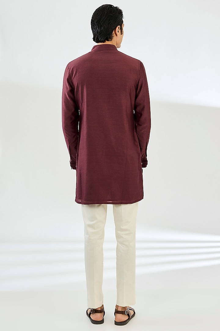 Burgundy Chanderi Silk Motif Printed Nehru Set by ARJAN DUGAL at Pernia's Pop Up Shop