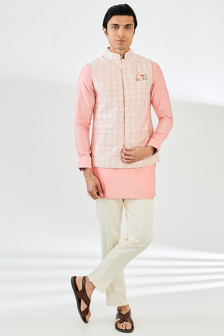 Pink Chanderi Silk Motif Printed Nehru Set by ARJAN DUGAL