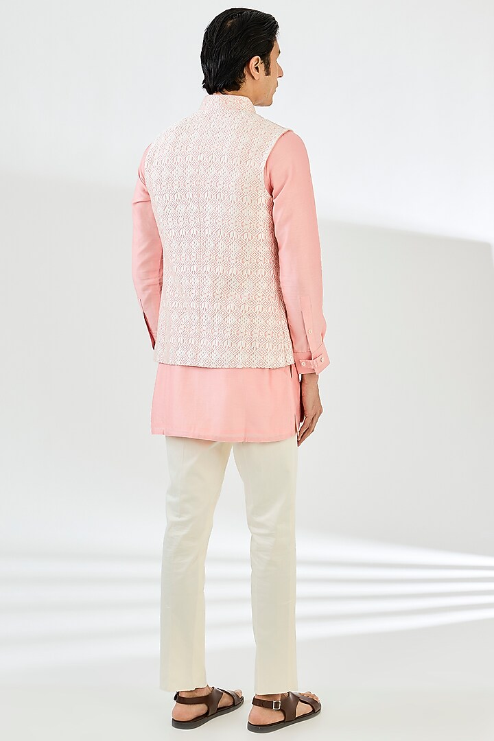 Pink Chanderi Silk Motif Printed Nehru Set by ARJAN DUGAL at Pernia's Pop Up Shop