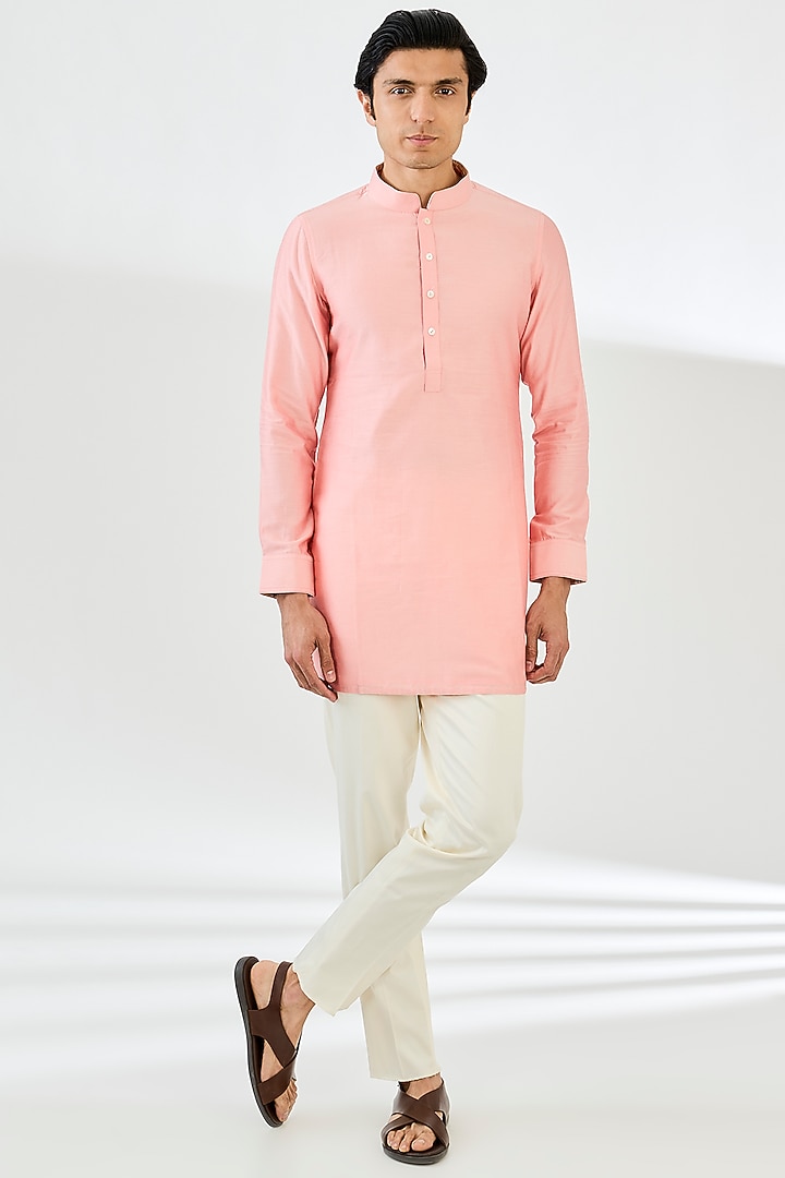 Pink Chanderi Silk Motif Printed Nehru Set by ARJAN DUGAL at Pernia's Pop Up Shop