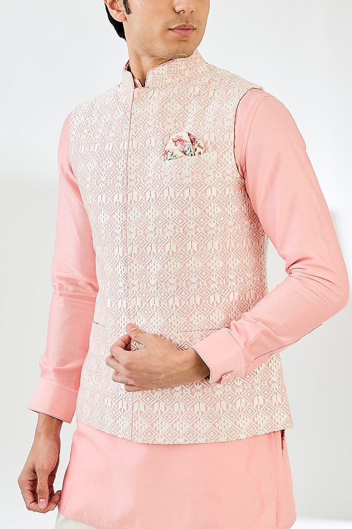 Pink Chanderi Silk Motif Printed Nehru Set by ARJAN DUGAL at Pernia's Pop Up Shop