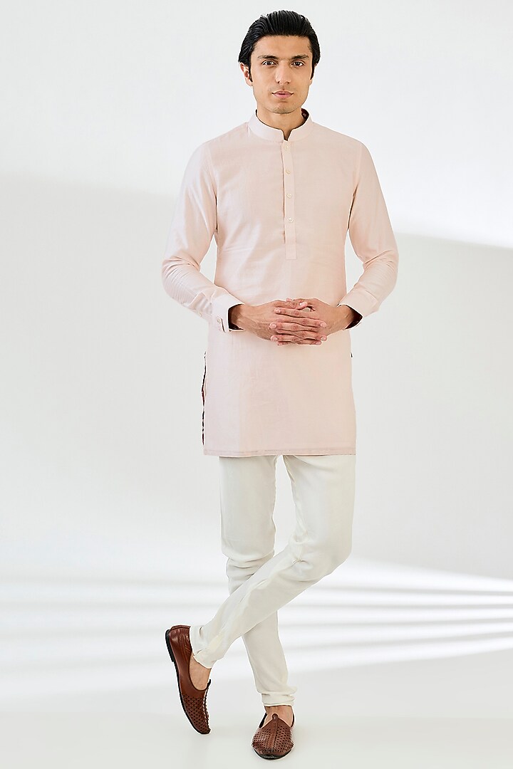 Powder Pink Chanderi Silk Printed Nehru Set by ARJAN DUGAL at Pernia's Pop Up Shop