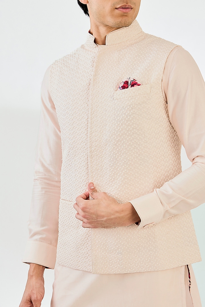Powder Pink Chanderi Silk Printed Nehru Set by ARJAN DUGAL at Pernia's Pop Up Shop