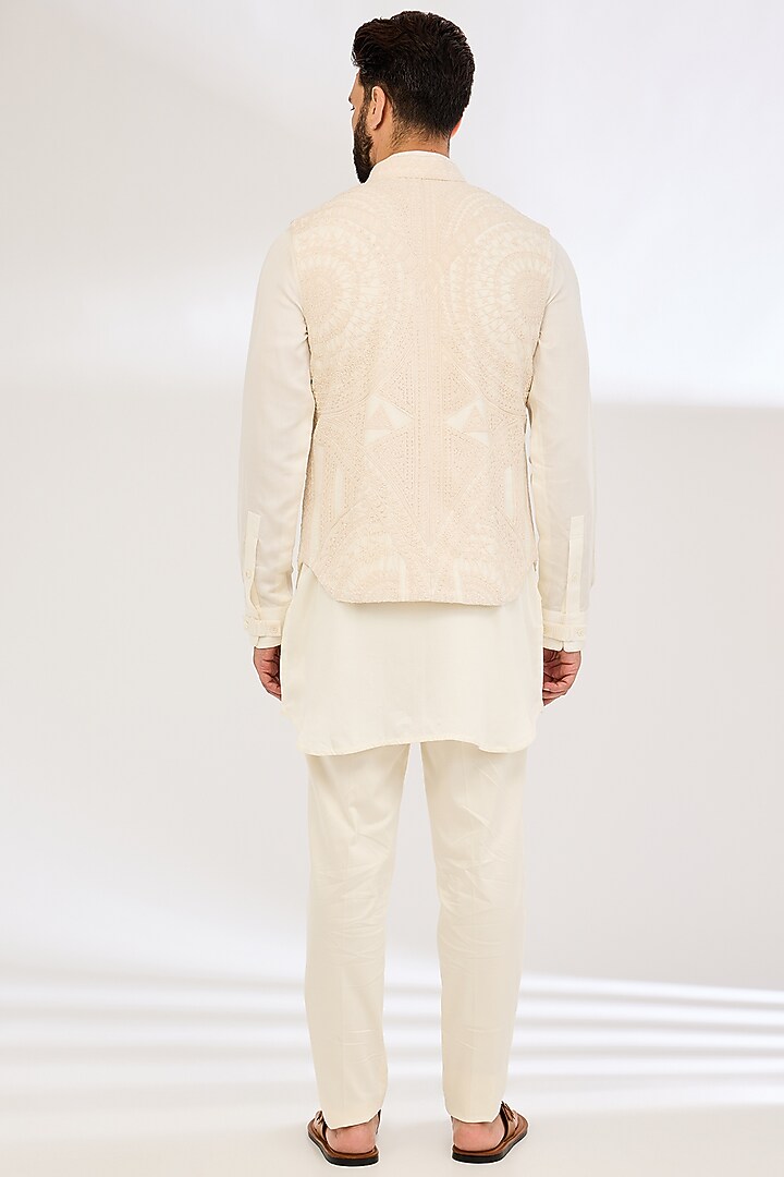 Off-White Chanderi Silk & Cotton Satin Lycra Dori Embroidered Nehru Jacket Set by ARJAN DUGAL at Pernia's Pop Up Shop