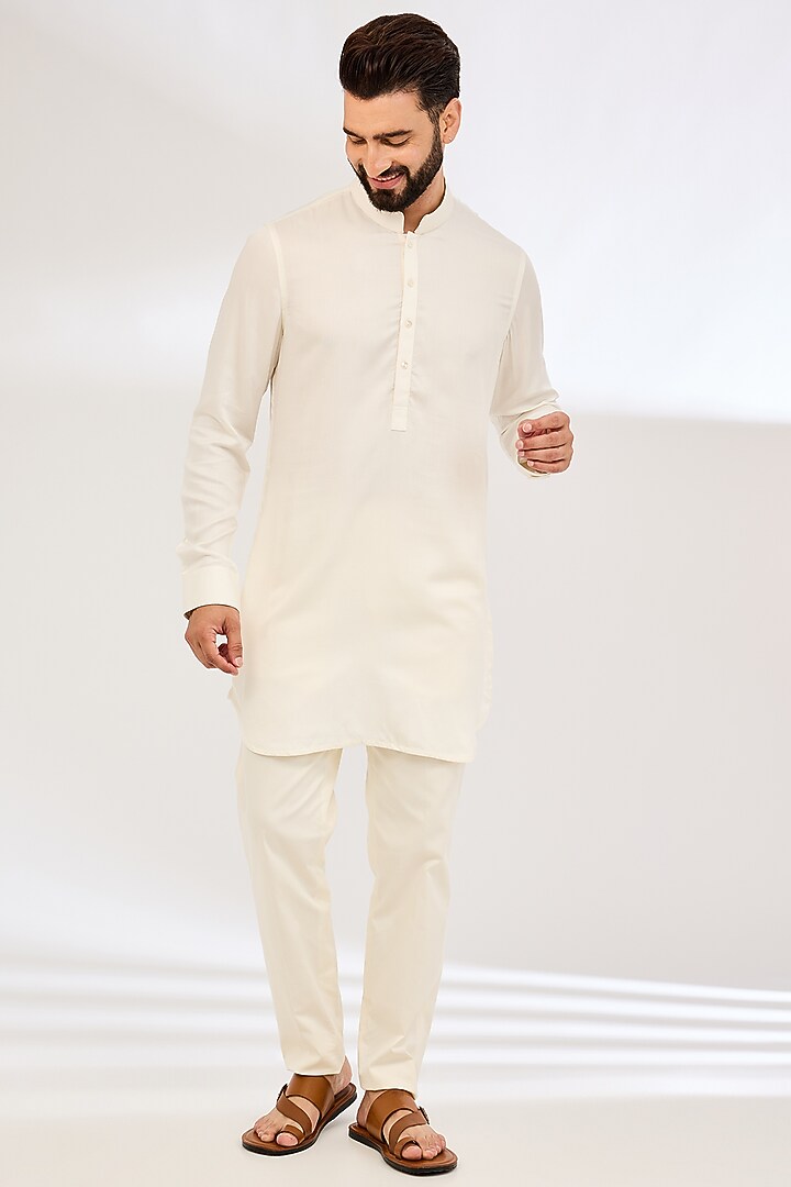 Off-White Chanderi Silk & Cotton Satin Lycra Dori Embroidered Nehru Jacket Set by ARJAN DUGAL at Pernia's Pop Up Shop