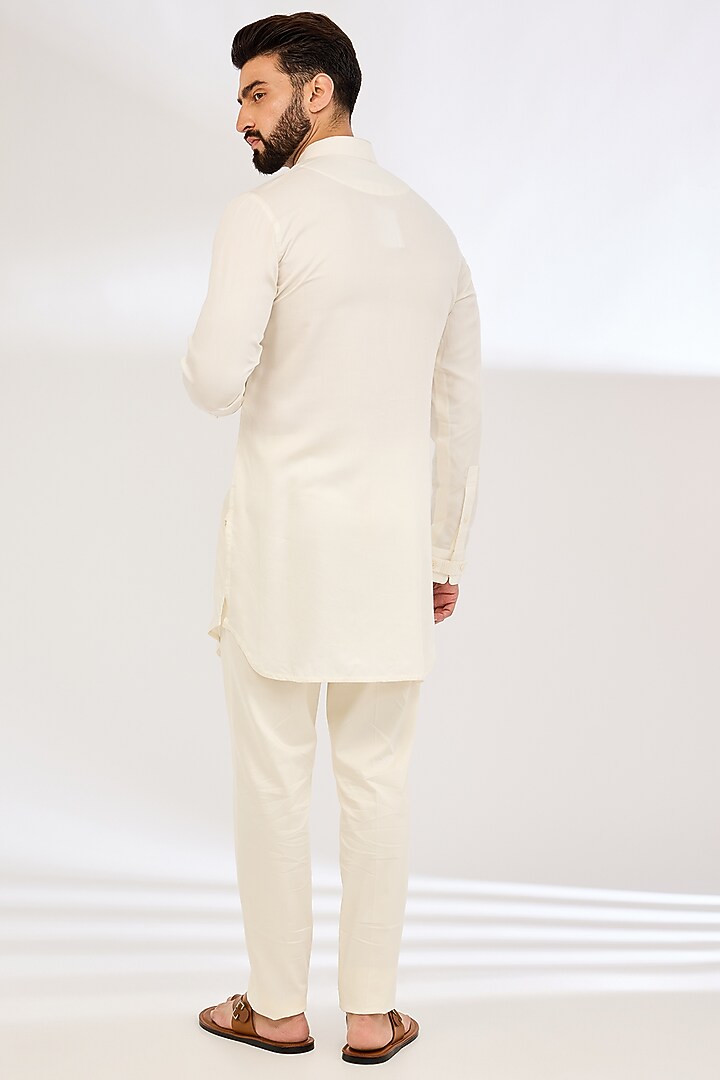 Off-White Chanderi Silk & Cotton Satin Lycra Dori Embroidered Nehru Jacket Set by ARJAN DUGAL at Pernia's Pop Up Shop