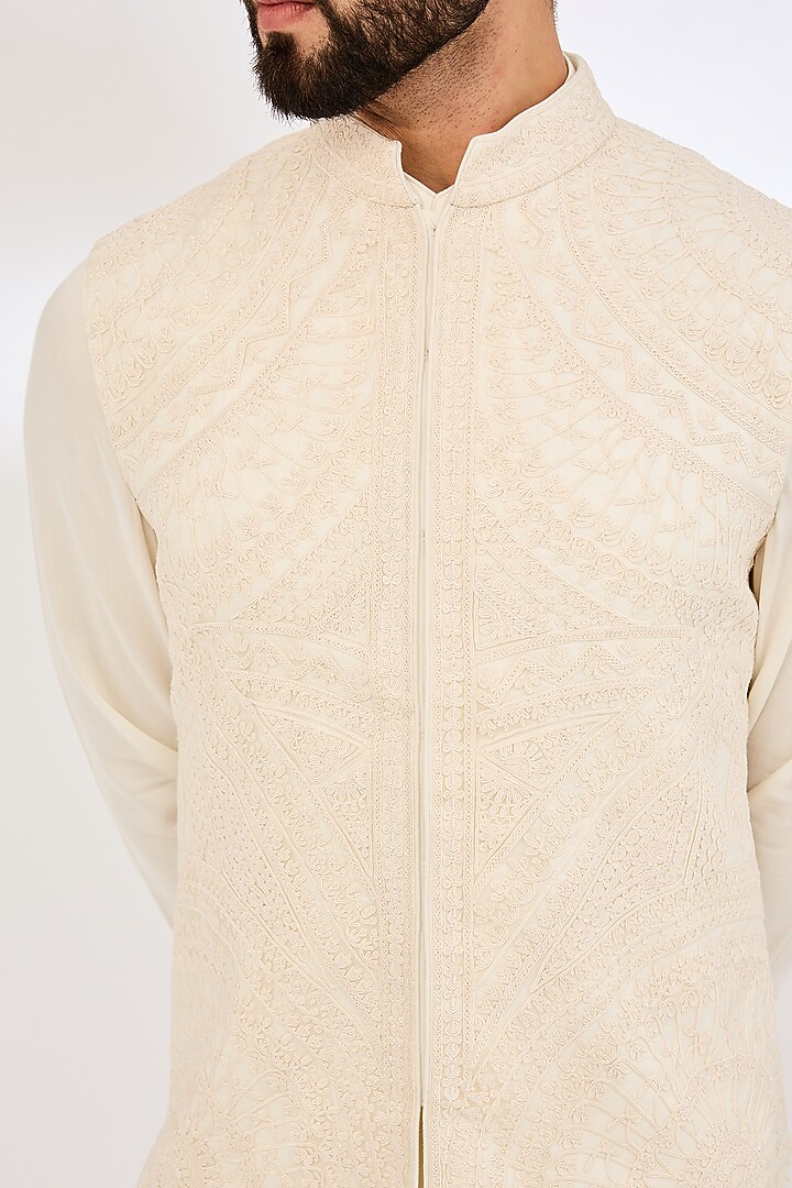 Off-White Chanderi Silk & Cotton Satin Lycra Dori Embroidered Nehru Jacket Set by ARJAN DUGAL at Pernia's Pop Up Shop