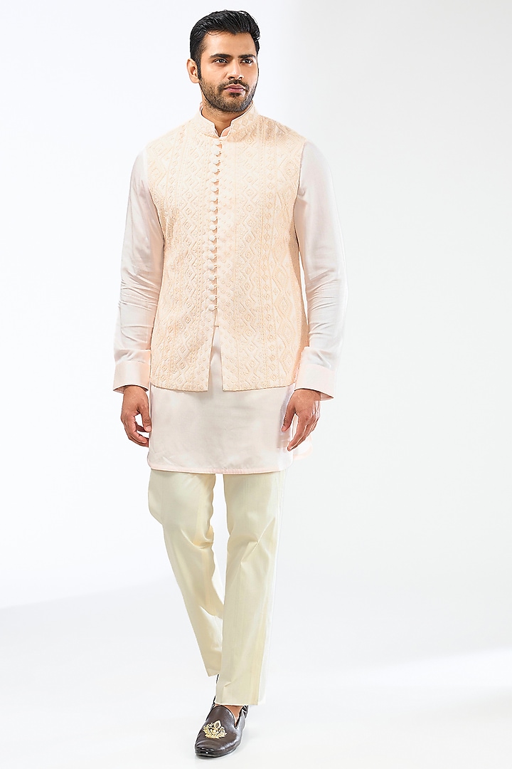 Powder Pink Chanderi Silk Dori Embroidered Nehru Jacket Set by ARJAN DUGAL