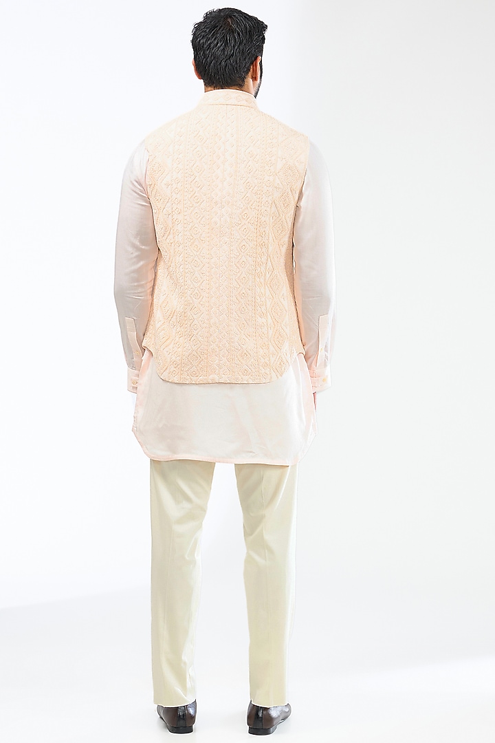 Powder Pink Chanderi Silk Dori Embroidered Nehru Jacket Set by ARJAN DUGAL at Pernia's Pop Up Shop