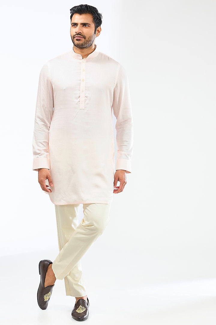 Powder Pink Chanderi Silk Dori Embroidered Nehru Jacket Set by ARJAN DUGAL at Pernia's Pop Up Shop