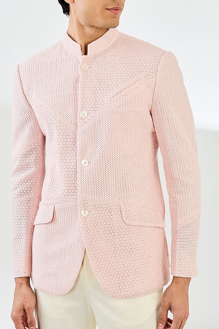 Powder Pink Organza Wedding Bandhgala Set by ARJAN DUGAL at Pernia's Pop Up Shop