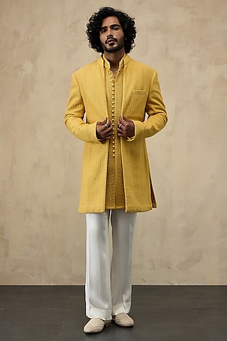 Yellow Organza & Viscose Embroidered Open Bandhgala Set by ARJAN DUGAL