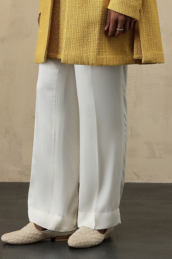 Yellow Organza & Viscose Embroidered Open Groom Bandhgala Set by ARJAN DUGAL at Pernia's Pop Up Shop