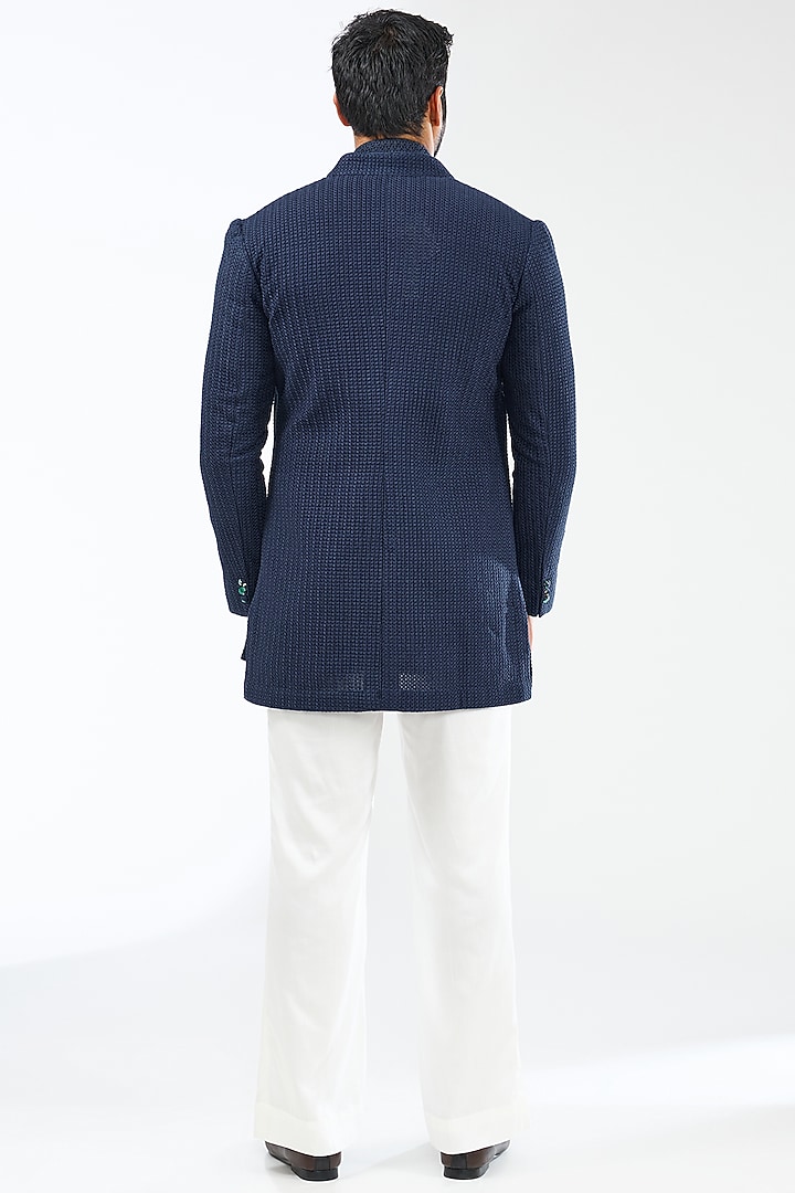 Navy Blue Chanderi Silk Groom Indowestern Set by ARJAN DUGAL at Pernia's Pop Up Shop