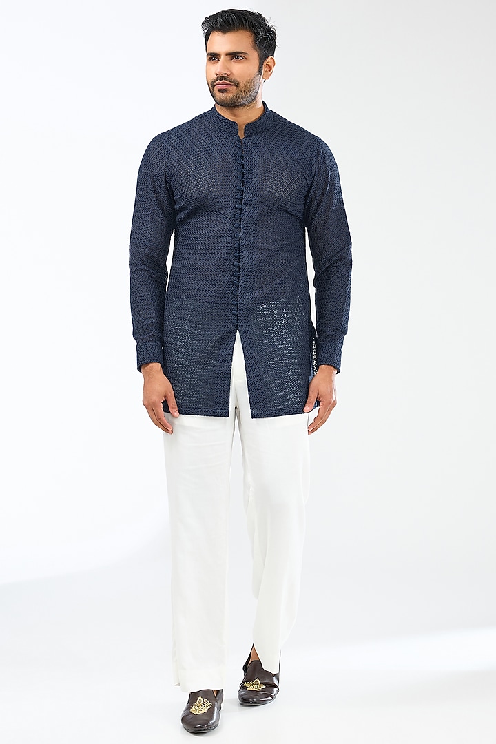 Navy Blue Chanderi Silk Groom Indowestern Set by ARJAN DUGAL at Pernia's Pop Up Shop