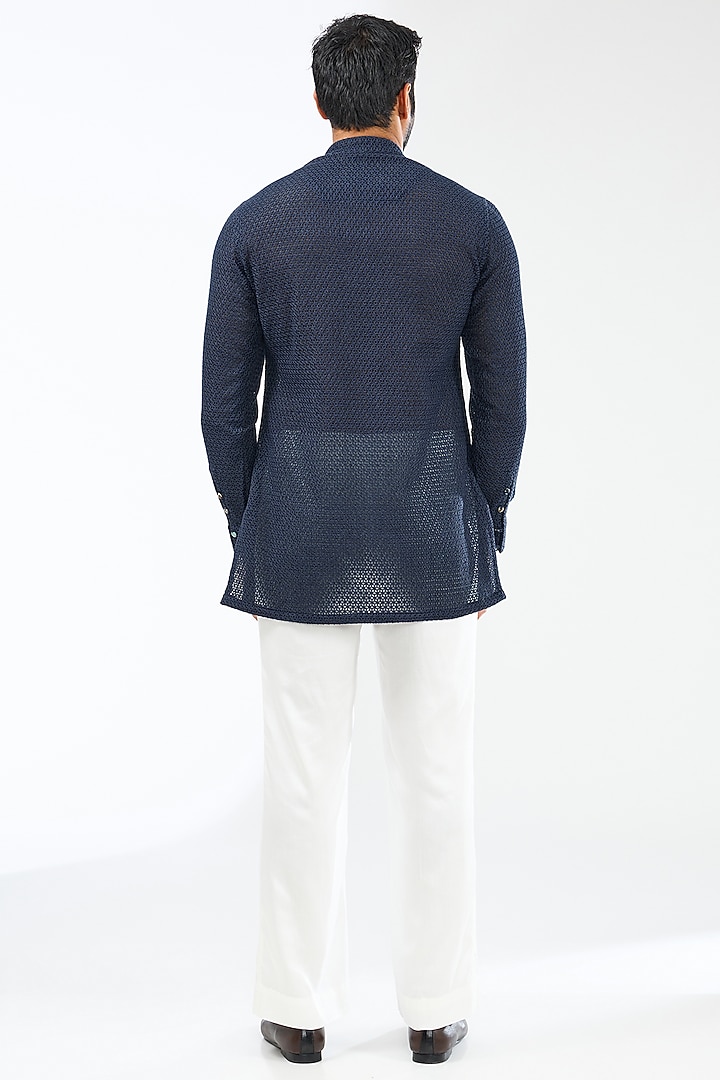 Navy Blue Chanderi Silk Groom Indowestern Set by ARJAN DUGAL at Pernia's Pop Up Shop