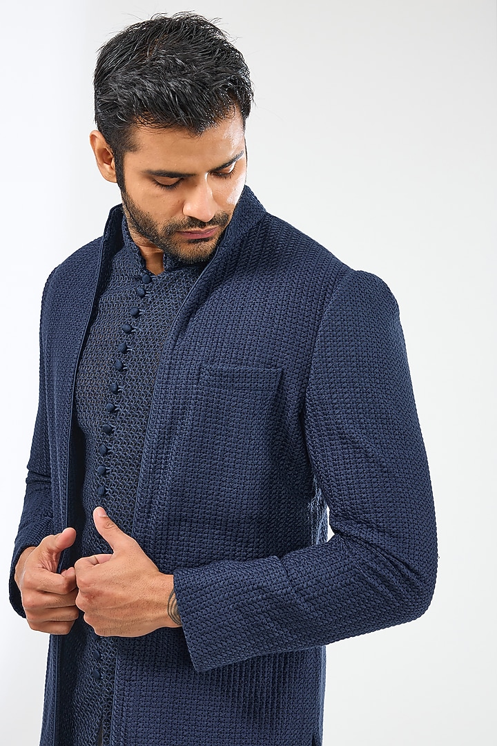 Navy Blue Chanderi Silk Groom Indowestern Set by ARJAN DUGAL at Pernia's Pop Up Shop