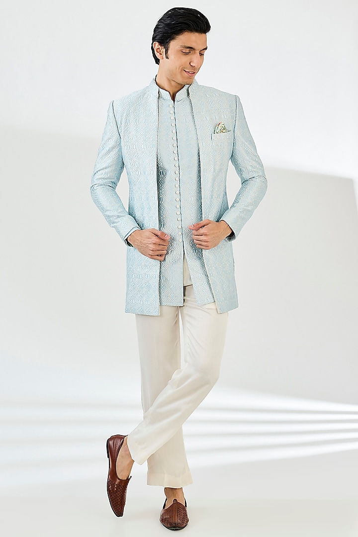 Powder Blue Chanderi Silk Indo-Western Set by ARJAN DUGAL