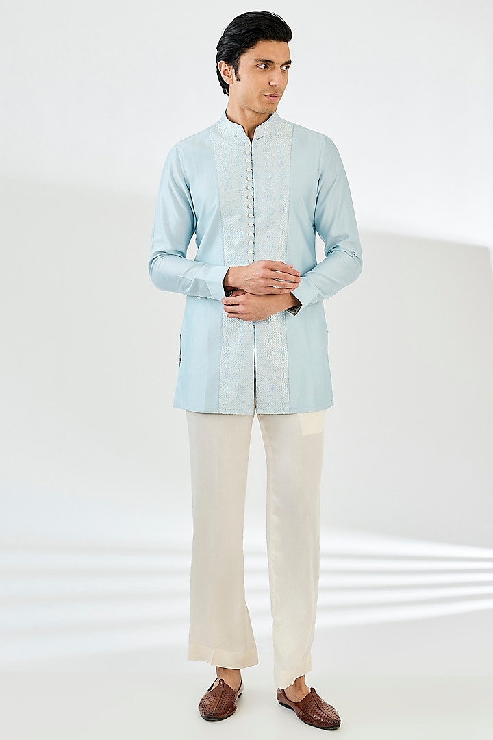 Powder Blue Chanderi Silk Indo-Western Set by ARJAN DUGAL at Pernia's Pop Up Shop
