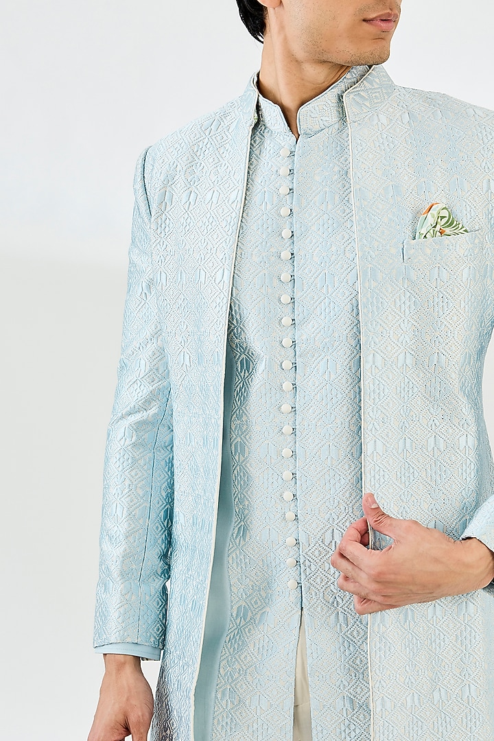 Powder Blue Chanderi Silk Indo-Western Set by ARJAN DUGAL at Pernia's Pop Up Shop