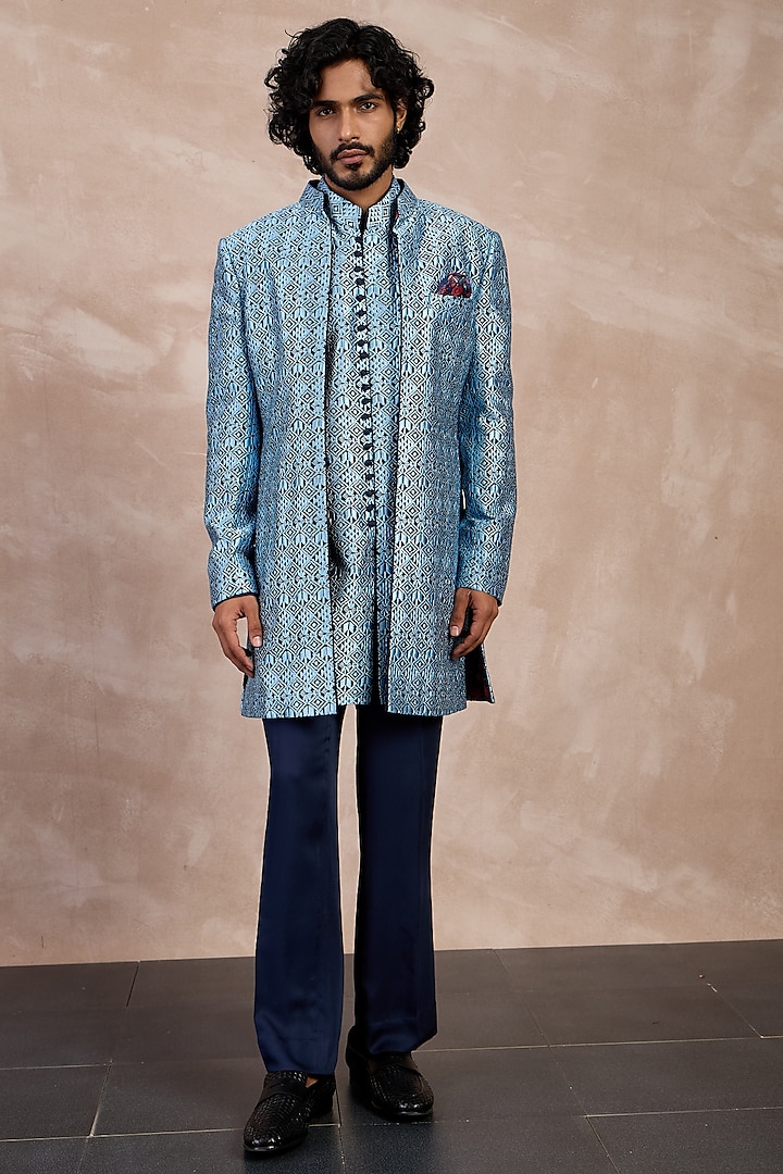 Navy & Teal Chanderi Silk Printed Bandhgala Set by ARJAN DUGAL at Pernia's Pop Up Shop