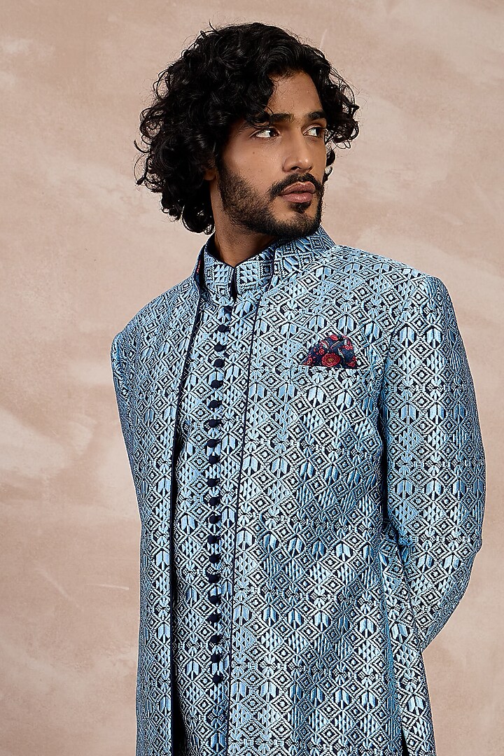 Navy & Teal Chanderi Silk Printed Groom Bandhgala Set by ARJAN DUGAL at Pernia's Pop Up Shop
