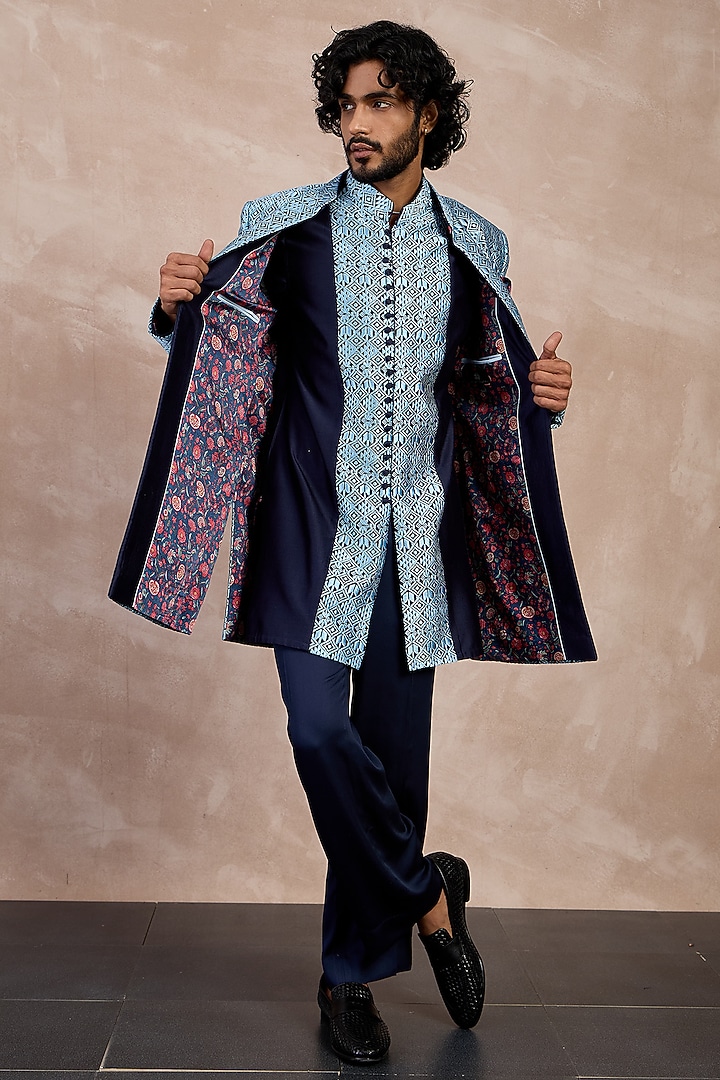 Navy & Teal Chanderi Silk Printed Groom Bandhgala Set by ARJAN DUGAL at Pernia's Pop Up Shop