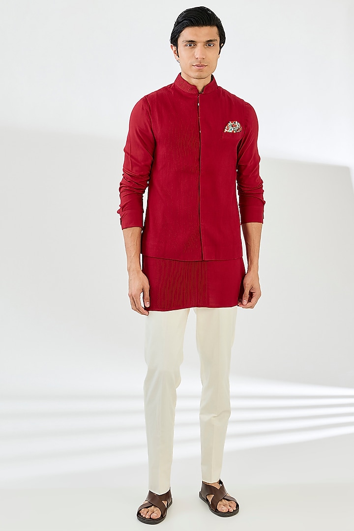 Red Viscose Pintucks Nehru Set by ARJAN DUGAL