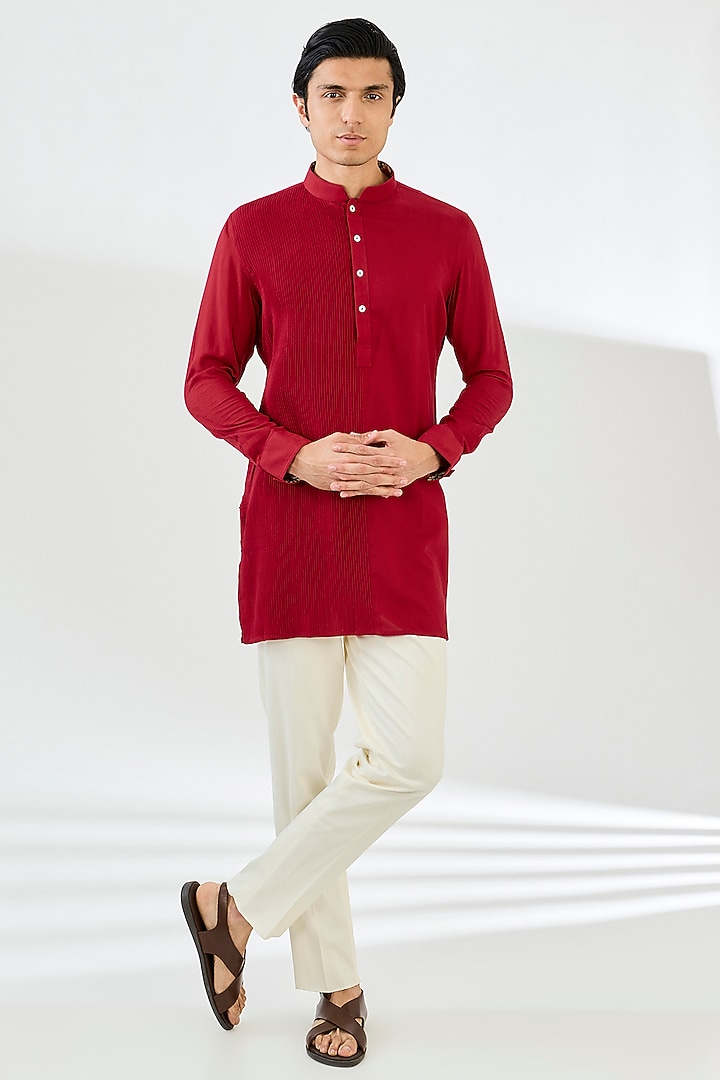 Red Viscose Pintucks Nehru Set by ARJAN DUGAL at Pernia's Pop Up Shop