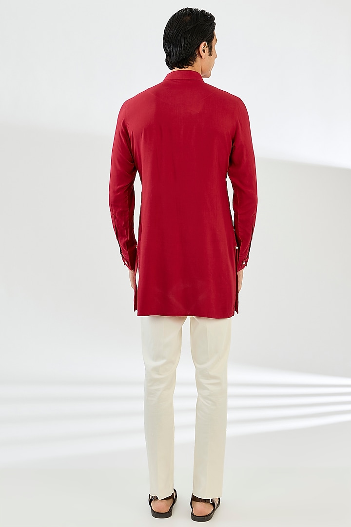 Red Viscose Pintucks Nehru Set by ARJAN DUGAL at Pernia's Pop Up Shop