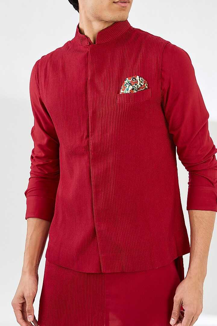 Red Viscose Pintucks Nehru Set by ARJAN DUGAL at Pernia's Pop Up Shop