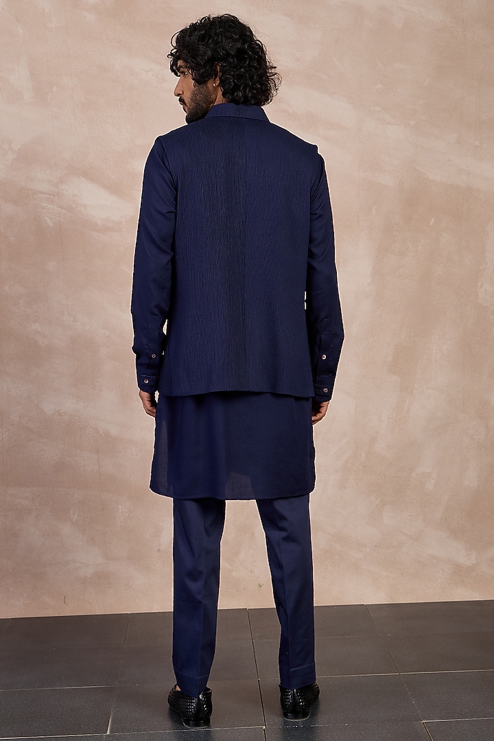 Navy Cotton Satin Printed Nehru Jacket Set by ARJAN DUGAL at Pernia's Pop Up Shop