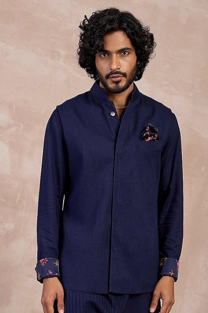 Navy Cotton Satin Printed Nehru Jacket Set by ARJAN DUGAL at Pernia's Pop Up Shop
