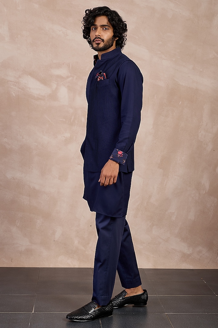 Navy Cotton Satin Printed Nehru Jacket Set by ARJAN DUGAL at Pernia's Pop Up Shop