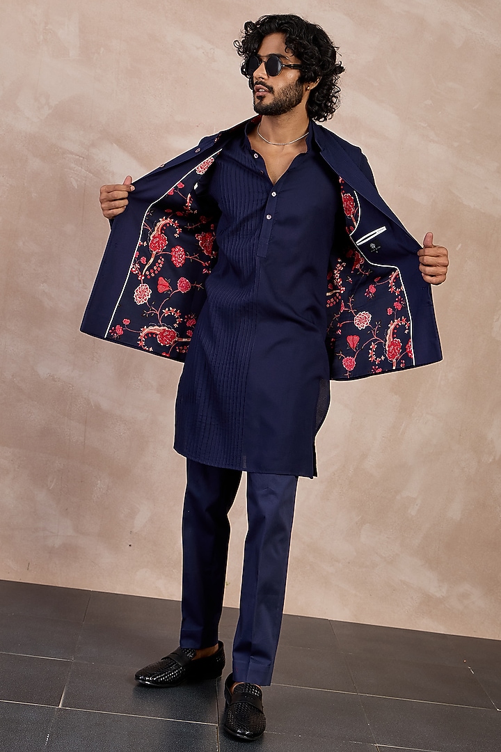 Navy Cotton Satin Printed Nehru Jacket Set by ARJAN DUGAL at Pernia's Pop Up Shop