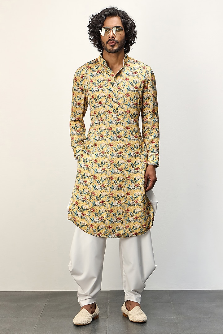 Mustard Modal Printed Kurta Set by ARJAN DUGAL