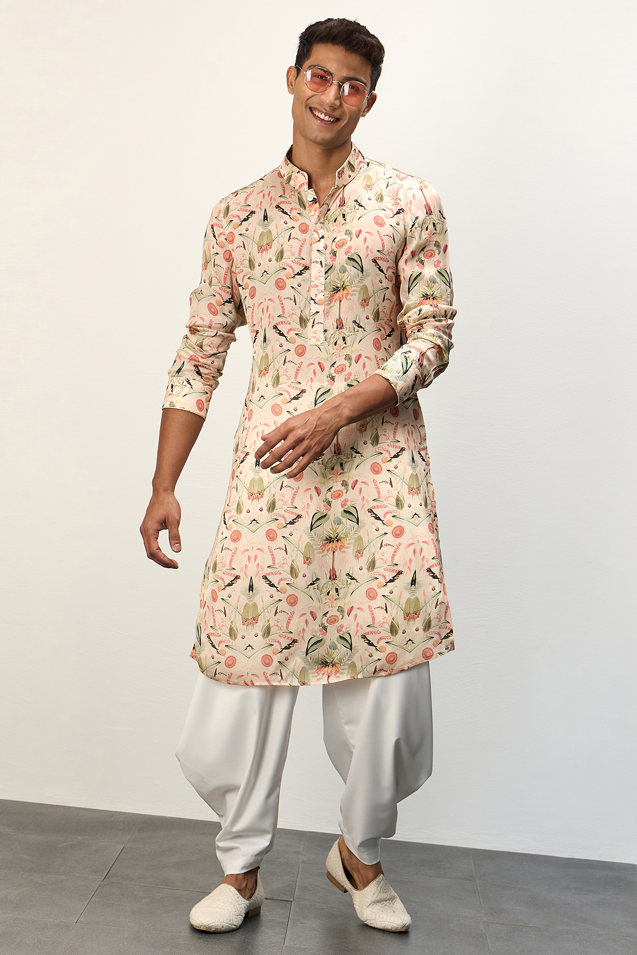 Peach Modal Printed Kurta Set by ARJAN DUGAL