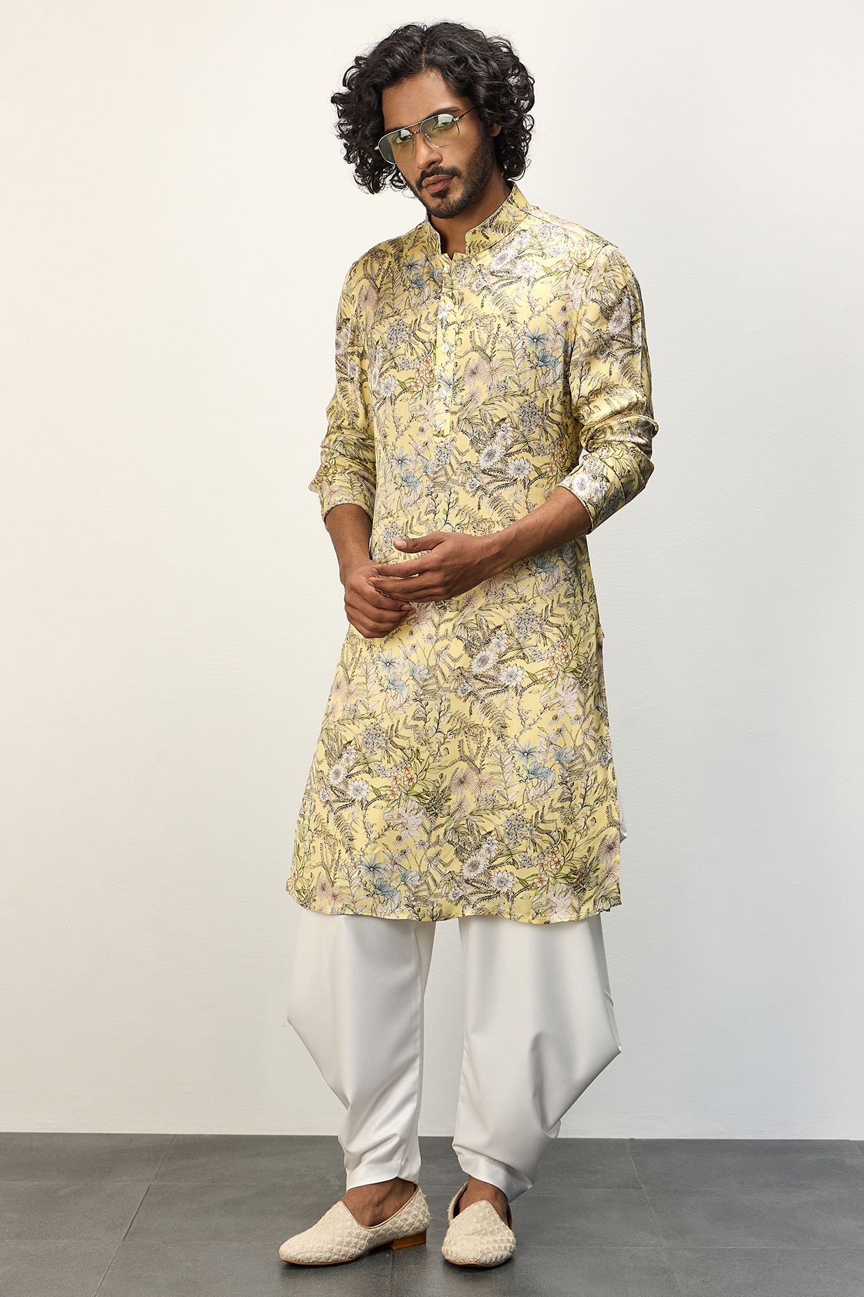 Pastel Yellow Modal Printed Kurta Set by ARJAN DUGAL