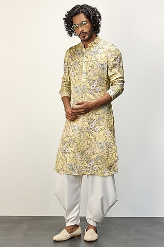 Pastel Yellow Modal Printed Kurta Set by ARJAN DUGAL