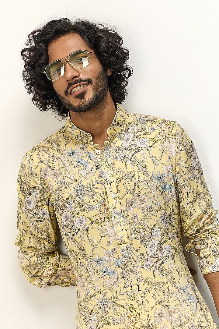 Pastel Yellow Modal Printed Kurta Set by ARJAN DUGAL at Pernia's Pop Up Shop