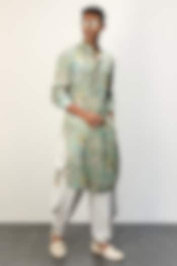 Pastel Blue Modal Printed Kurta Set by ARJAN DUGAL