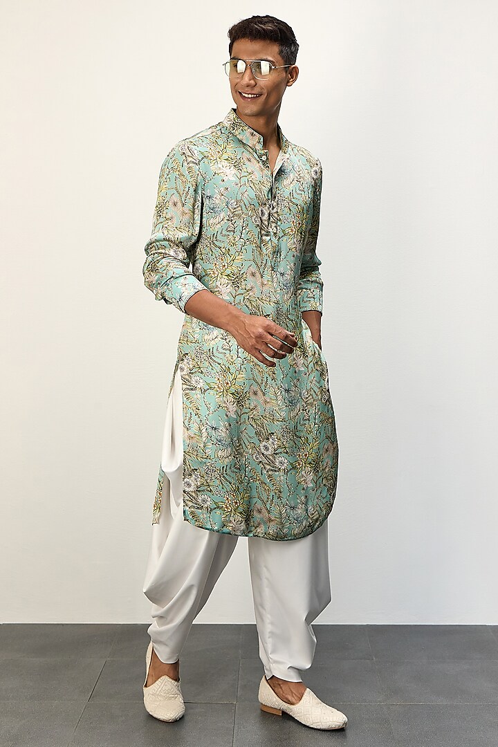 Pastel Blue Modal Printed Kurta Set by ARJAN DUGAL