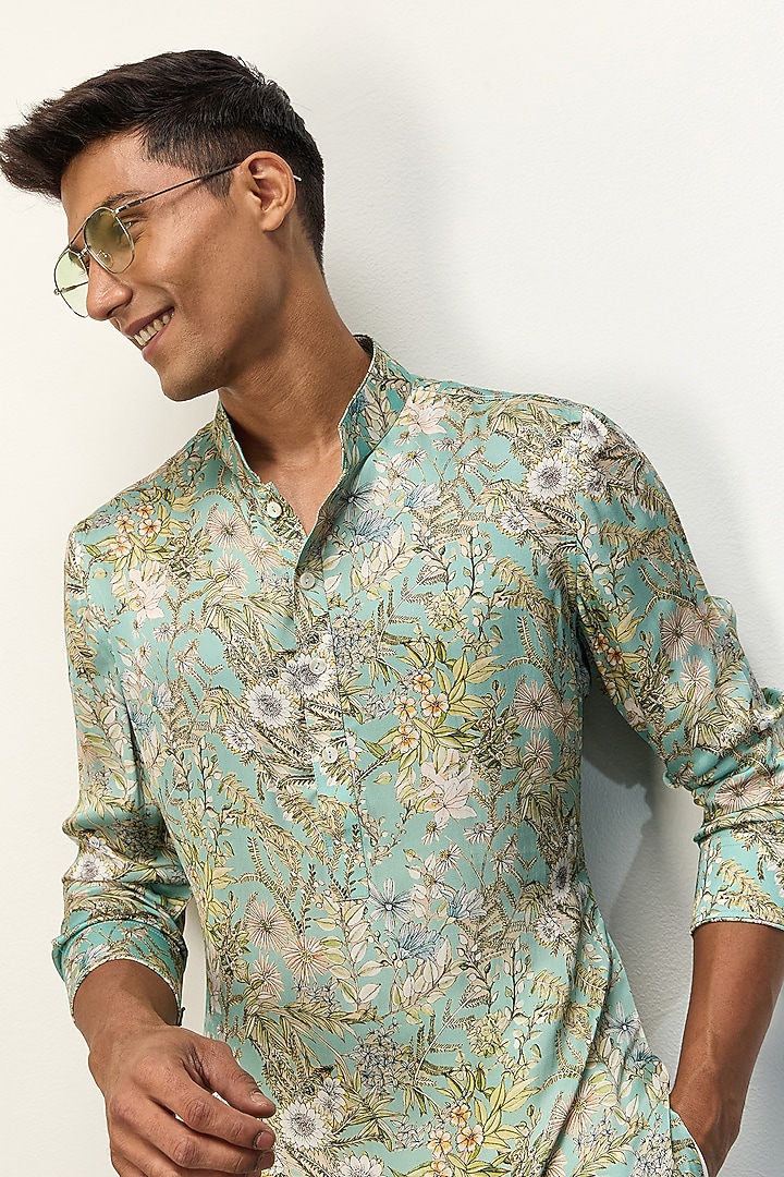 Pastel Blue Modal Printed Kurta Set by ARJAN DUGAL at Pernia's Pop Up Shop