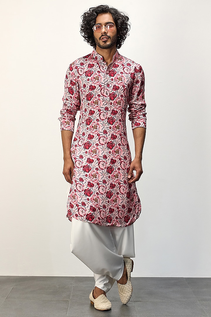 Pink Peonies Modal Printed Kurta Set by ARJAN DUGAL