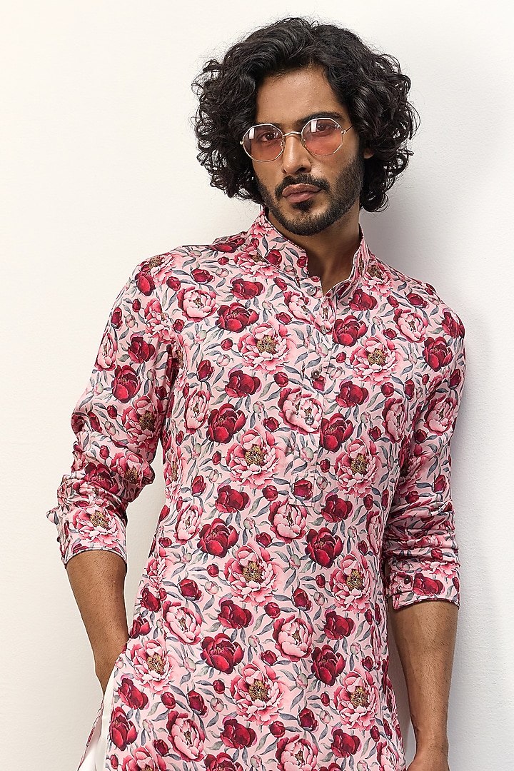 Pink Peonies Modal Printed Kurta Set by ARJAN DUGAL at Pernia's Pop Up Shop