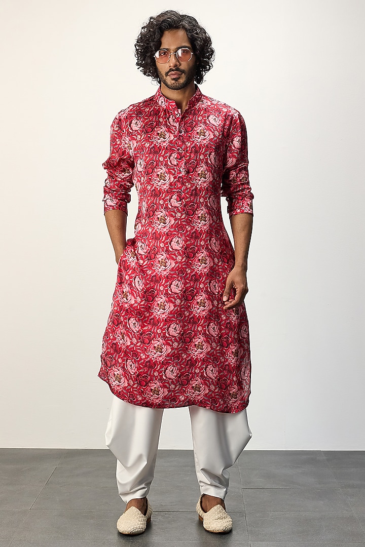 Red Modal Printed Kurta Set by ARJAN DUGAL