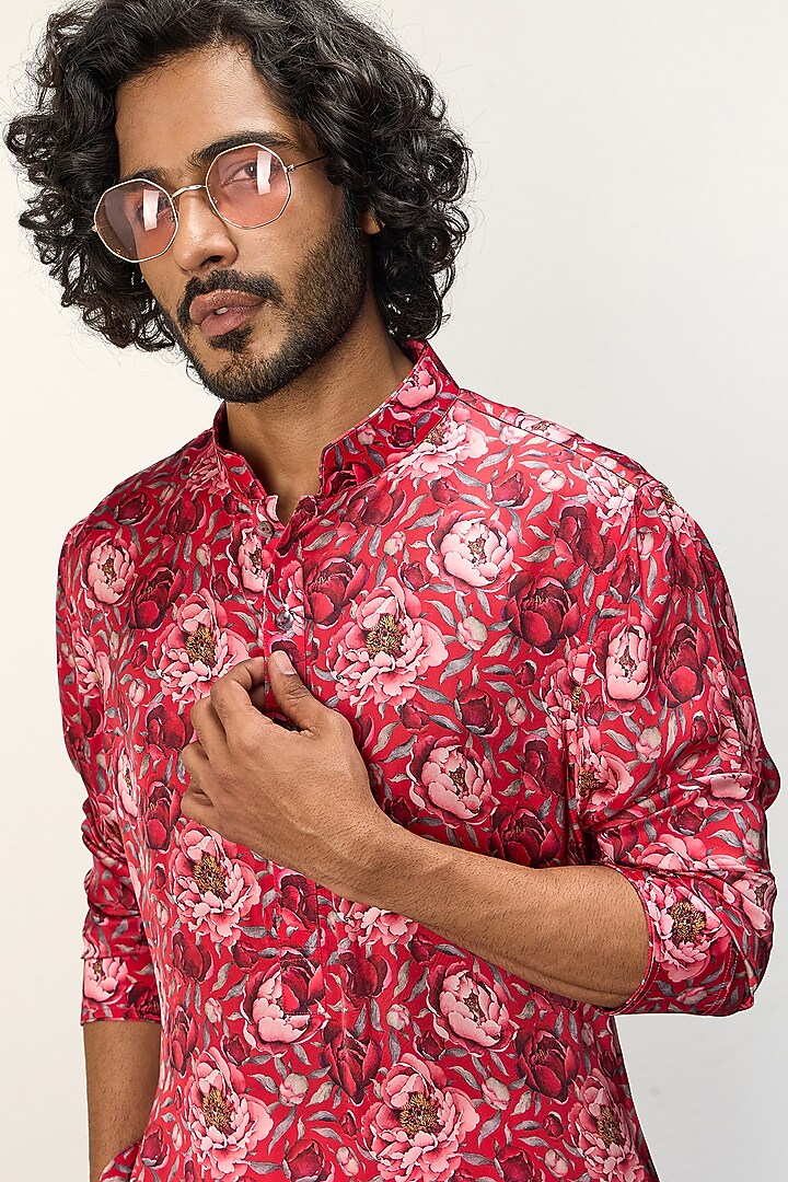 Red Modal Printed Kurta Set by ARJAN DUGAL at Pernia's Pop Up Shop