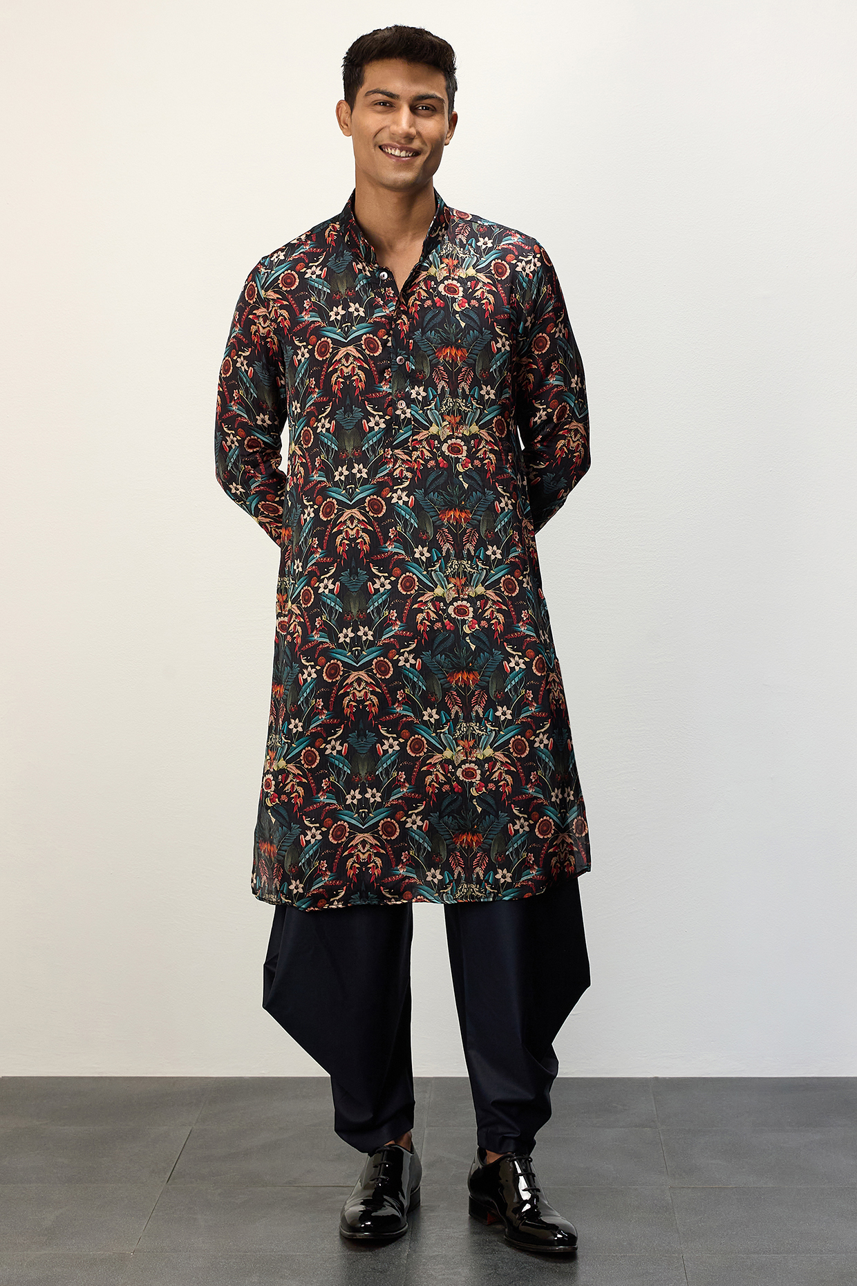 Blue Modal Botanical Printed Kurta Set by ARJAN DUGAL