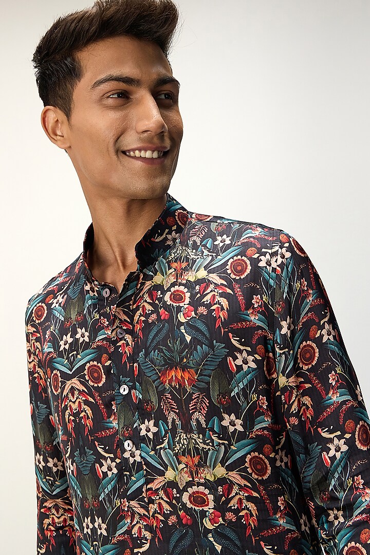 Blue Modal Botanical Printed Kurta Set by ARJAN DUGAL at Pernia's Pop Up Shop