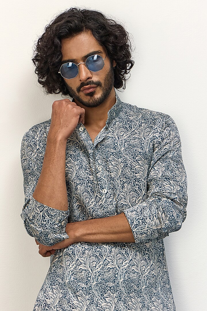 Blue Modal Botanical Printed Kurta Set by ARJAN DUGAL at Pernia's Pop Up Shop